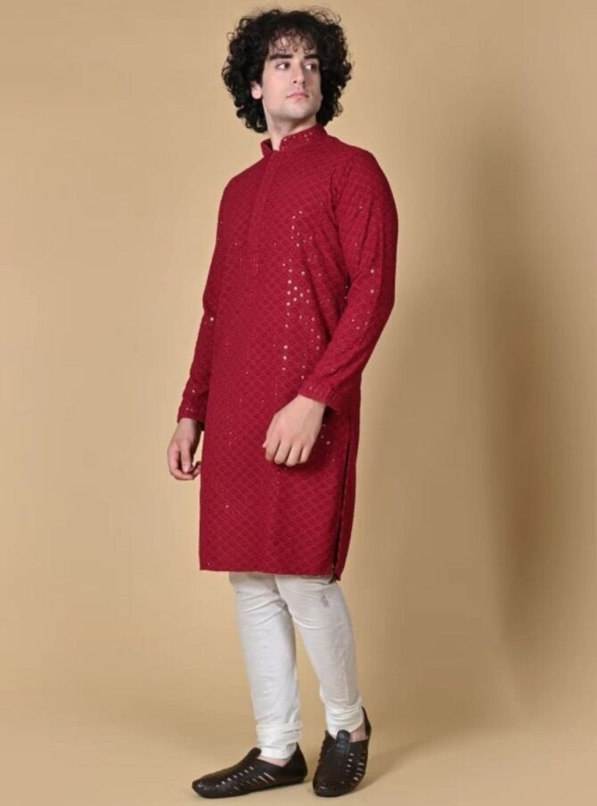 Men's Red Cotton Kurta With Pyjama