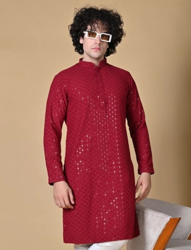 Men's Red Cotton Kurta With Pyjama