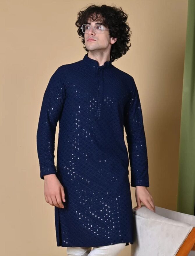 Men's Blue Cotton Kurta With Pyjama