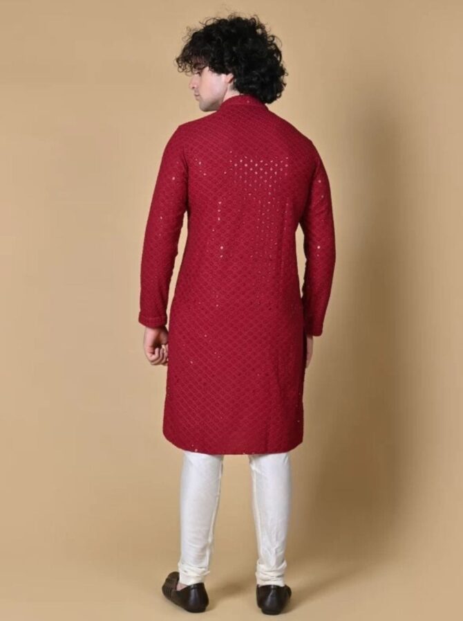 Men's Red Cotton Kurta With Pyjama