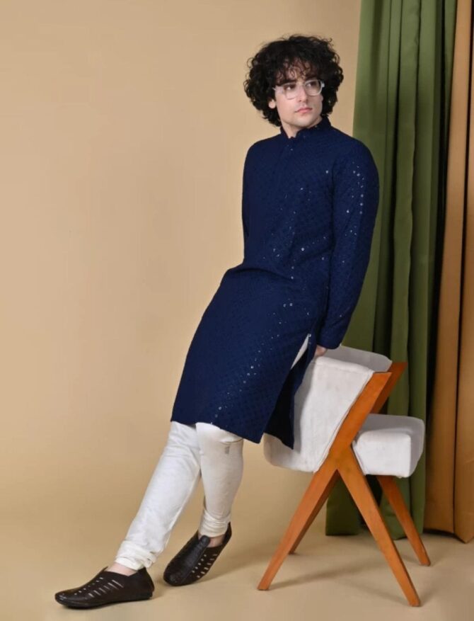 Men's Blue Cotton Kurta With Pyjama