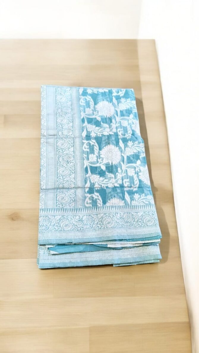 Light Blue cotton designer Saree with blouse